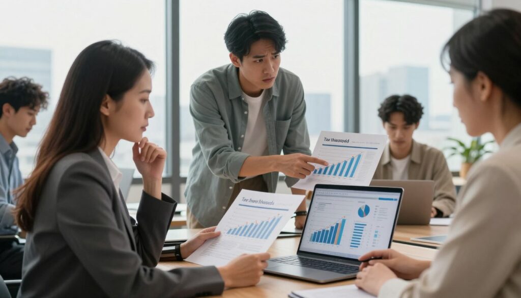 A professional office setting depicting a diverse group of employees engaged in a discussion about financial planning. In the foreground, a middle-aged woman in a smart business suit holds a financial report while looking thoughtfully at a graph on a laptop screen. In the middle ground, a young man in business casual attire points to a chart, illustrating the concept of tax thresholds, with a concerned expression. In the background, a modern office with a large window revealing a city skyline bathed in soft, natural light, creating a serene atmosphere. The composition captures a collaborative and focused mood, emphasizing the importance of understanding income brackets and tax implications in a warm yet professional tone.