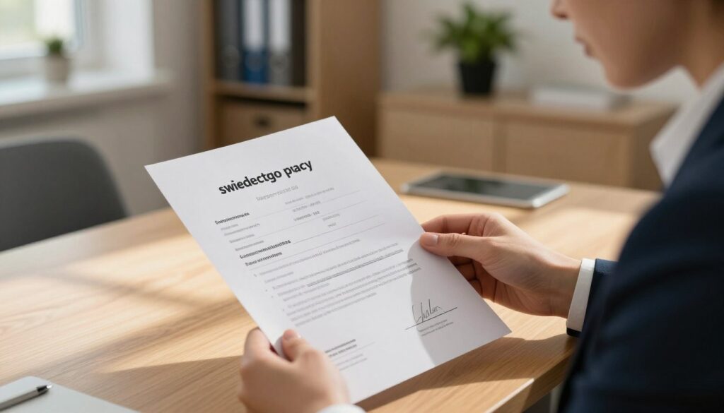 A professional office setting depicting an employment certificate, known as "świadectwo pracy," on a wooden desk. The certificate is prominently displayed, featuring clear, formal headings and bullet points highlighting important information, such as employment dates and roles. In the foreground, a person in a crisp business suit is inspecting the document closely, with a look of concentration. In the background, soft-focus elements like a filing cabinet and office plants create a calm atmosphere. The lighting is warm and inviting, casting gentle shadows, as if from a late afternoon sun filtering through a window. The overall mood is serious yet hopeful, emphasizing the significance of thorough documentation for benefits processing.
