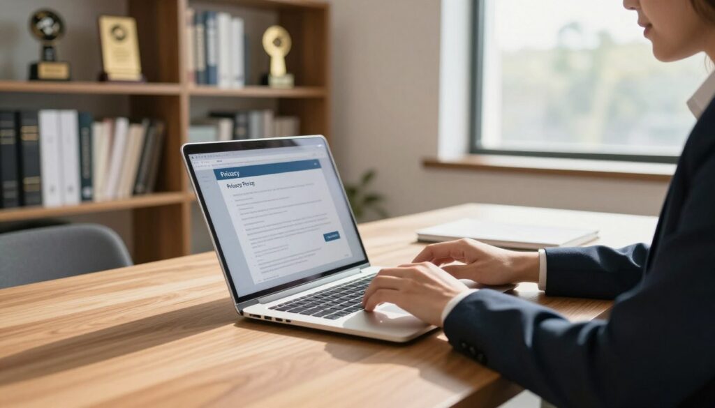 A professional office setting designed to convey trust and security. In the foreground, a sleek wooden desk with a laptop open, showing a blurred privacy policy document on the screen. A business professional, dressed in smart casual attire, is typing, demonstrating engagement with the digital context. In the middle ground, a modern bookshelf filled with neatly arranged books and awards, symbolizing credibility and expertise. The background displays a large window with natural sunlight streaming in, casting soft light across the room, enhancing the atmosphere of transparency and warmth. The mood is calm and reassuring, evoking a sense of safety for online shopping. The angle is slightly elevated, focusing on the desk area to highlight the theme of contact and privacy in the e-commerce environment.