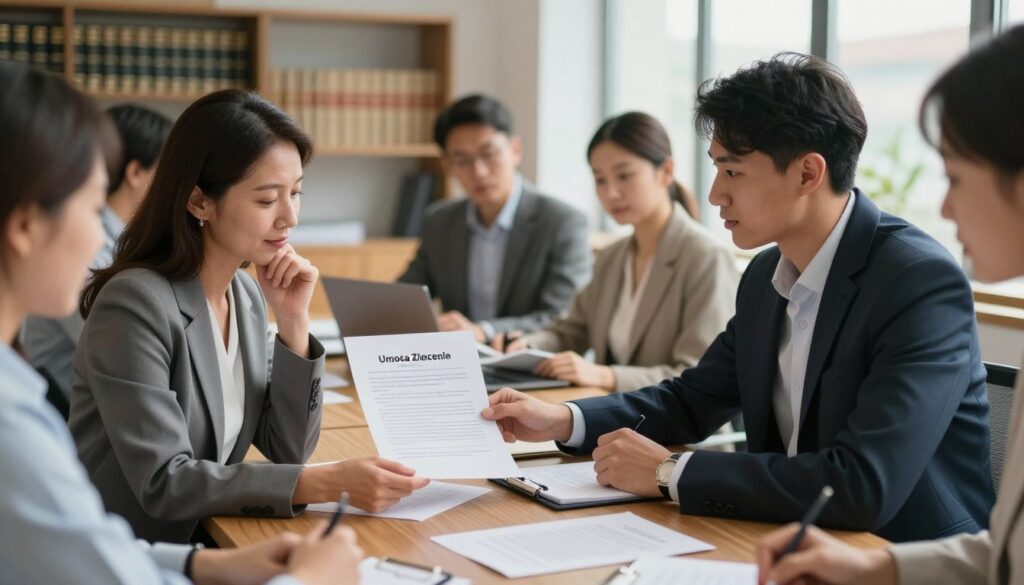 A professional office setting featuring a diverse group of individuals engaged in a discussion about contracts and retirement benefits. In the foreground, a middle-aged woman in smart business attire reviews a document titled "Umowa Zlecenie" with a thoughtful expression, while a young man dressed in a suit listens attentively, taking notes. In the middle, a large wooden conference table is scattered with paperwork and a laptop, emphasizing a collaborative atmosphere. In the background, there are shelves filled with legal texts and a large window letting in warm, natural light, creating a bright and optimistic mood. The image should have a clear focus on the intimate yet professional setting, suggesting a significant conversation about the impact of contracts on retirement rights.
