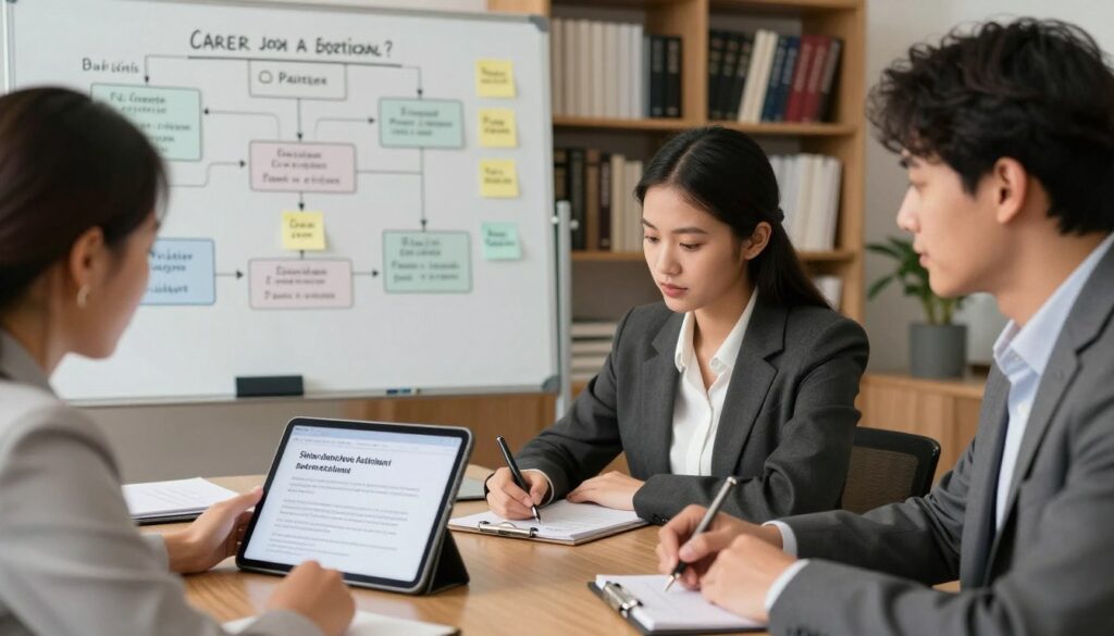 A professional office setting featuring a diverse group of individuals in business attire, engaged in a collaborative brainstorming session. In the foreground, a woman is analyzing a digital document showing skill keywords for a job application on a tablet, while a man beside her is making notes on a notepad. In the middle ground, a large whiteboard displays a flowchart and sticky notes labeled with various job skills and qualifications. The background shows shelves filled with books about career advice and ATS systems. Soft, warm lighting enhances the focused and productive atmosphere, with a slight depth of field effect to draw attention to the foreground interactions. The scene conveys a sense of teamwork, determination, and professionalism.