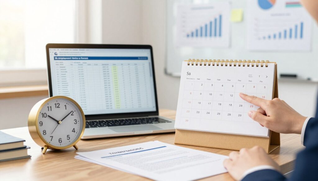 A professional office setting featuring a meticulous desk with a calendar, a clock, and paperwork related to employment termination notices. In the foreground, a hand is pointing to a specific date on the calendar, symbolizing the calculation of the notice period. The middle ground shows an open laptop displaying a spreadsheet with relevant dates and calculations. In the background, a subtly blurred whiteboard is filled with charts and notes on employment contracts. The lighting is bright and warm, with natural light streaming through a window, creating an inviting and focused atmosphere. The composition conveys clarity and professionalism, perfect for illustrating the topic of employment notice periods.
