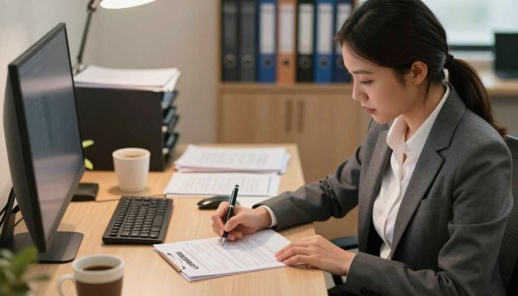 A professional office setting featuring a well-dressed HR manager seated at a desk, meticulously filling out a work certificate document. The foreground captures the manager's focused expression as they write with a pen, showcasing the importance of the task. In the middle, the desk is organized with a computer, paperwork, and a coffee mug, reflecting a busy work environment. The background shows an office with neutral-colored walls and a shelf of neatly arranged files, enhancing the professional mood. Soft, warm lighting creates a welcoming atmosphere, with a slight overhead light focusing on the desk area. The angle is slightly from above, highlighting both the document and the manager's engaged demeanor. The image conveys diligence and professionalism in fulfilling employment obligations.