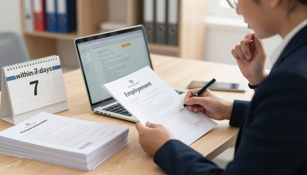 A professional office setting featuring a well-organized desk with a neatly stacked pile of employment certificates and a calendar marked with the phrase "within 7 days". In the foreground, a focused business professional, dressed in formal attire, is examining the certificates in a thoughtful manner, reflecting a sense of urgency and responsibility. The middle ground shows an open laptop with a digital reminder alert, symbolizing the importance of timely document delivery. In the background, softly blurred shelves filled with corporate books and files enhance the professionalism of the atmosphere. The lighting is bright and warm, illuminating the space to create an inviting yet serious mood. The angle is slightly from above, providing an overview of the scene while keeping the focus on the subject and the time-sensitive context.