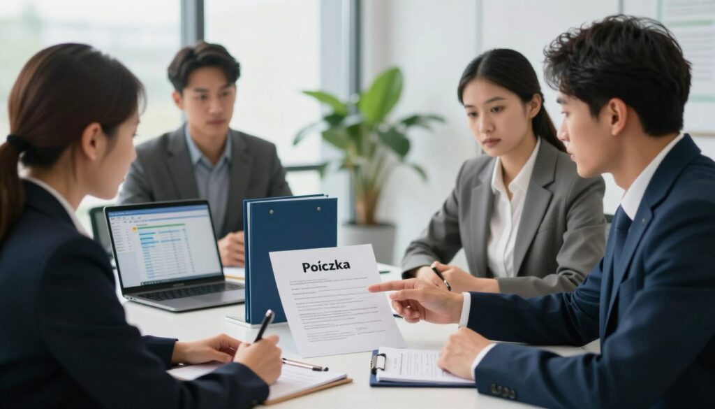 A professional office setting showcasing a discussion about financial services. In the foreground, a diverse group of three clients, dressed in smart business attire, are seated around a sleek conference table discussing a loan proposal. One is pointing to a clear document detailing loan terms, while another notes down information. In the middle ground, a well-organized folder labeled "Pożyczka" is prominently displayed, alongside a laptop showing a financial spreadsheet. The background features a large window with natural light streaming in, illuminating the modern office decor. Soft focus on indoor plants adds a touch of warmth. Overall, the mood is collaborative and informative, highlighting professionalism and trust in financial services.