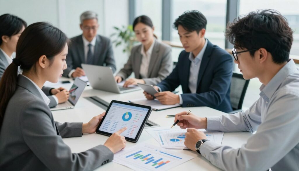 A professional office setting showcasing a diverse group of business people analyzing electricity rates for companies. In the foreground, a diverse group includes a woman in a smart blazer and a man in glasses, both focused on a digital tablet displaying graphical data. In the middle ground, an elegant conference table is adorned with charts and graphs on energy pricing. The background features a modern office with large windows, allowing natural light to flood in, highlighting the serious atmosphere. The mood is one of concentrated discussion and analysis, demonstrating the complexities of electricity pricing. The lighting is bright yet soft, enhancing the professionalism of the scene, captured from a slightly elevated angle to encompass both individuals and the office environment. A professional office setting showcasing a diverse group of business people analyzing electricity rates for companies. In the foreground, a diverse group includes a woman in a smart blazer and a man in glasses, both focused on a digital tablet displaying graphical data. In the middle ground, an elegant conference table is adorned with charts and graphs on energy pricing. The background features a modern office with large windows, allowing natural light to flood in, highlighting the serious atmosphere. The mood is one of concentrated discussion and analysis, demonstrating the complexities of electricity pricing. The lighting is bright yet soft, enhancing the professionalism of the scene, captured from a slightly elevated angle to encompass both individuals and the office environment.