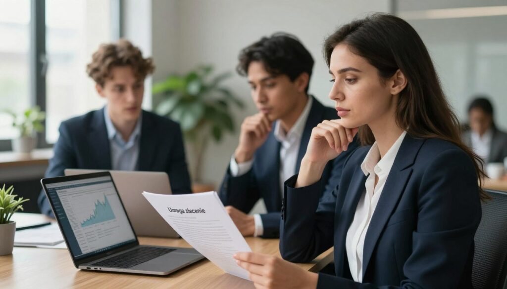 A professional office setting showcasing a diverse group of people engaged in discussion about employment contracts. Foreground: A confident woman in smart business attire holding a document titled "Umowa zlecenie", looking thoughtfully at her colleagues. Middle: Two individuals, a man and a woman, studying a laptop screen displaying a financial chart, dressed in professional attire. Background: An office space with a modern design, soft natural lighting filtering through large windows, plants adding a touch of greenery. Overall mood: Thoughtful and analytical, emphasizing the importance of understanding work tenure in relation to contracts. Focus on expressions reflecting concentration and collaboration. No text or branding in the image.