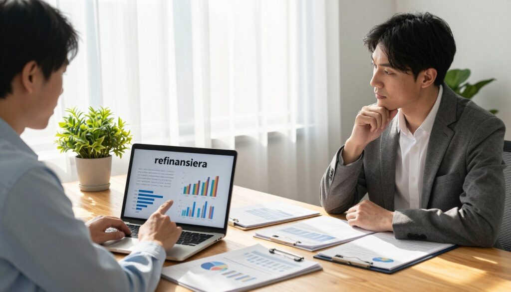 A professional office setting showcasing a financial advisor discussing "refinansowania" with a client. In the foreground, a well-dressed financial consultant, holding a laptop, points to graphs and charts that illustrate financing options. The client, dressed in business casual, looks engaged and thoughtful, seated across a polished wooden table. In the middle ground, documents and financial reports are spread out, with a potted plant adding a touch of greenery. The background features a large window with sunlight filtering through sheer curtains, casting a warm glow over the scene. The mood is one of professionalism and clarity, with a focus on building trust and understanding in financial decisions.
