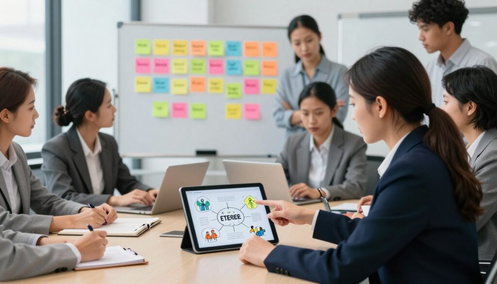 A professional office setting where a diverse group of individuals, dressed in smart business attire, engages in a brainstorming session around a large table. In the foreground, a female professional points at a digital tablet displaying creative ideas related to personal interests and hobbies, emphasizing the connection between these interests and career enhancement. In the middle background, a whiteboard filled with colorful sticky notes showcases various hobbies such as teamwork, creativity, and technology, symbolizing the importance of matching interests with job requirements. The lighting is bright and energizing, creating a motivational atmosphere, while the camera angle captures a dynamic and inclusive environment, encouraging collaboration and innovation.