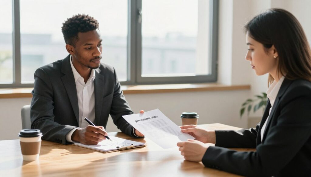 A professional office setting where two businesspeople negotiate a mutual agreement. In the foreground, a diverse man and woman, both dressed in professional attire, are seated at a polished wooden table, each holding a pen and looking at a contract with focused expressions. In the middle ground, a notepad with handwritten notes and a cup of coffee reflects an engaged discussion atmosphere. The background features a large window showcasing a bright, sunny day, suggesting a sense of optimism and clarity. Soft, natural lighting casts gentle shadows across the scene, enhancing the collaborative mood. The overall atmosphere conveys professionalism and mutual respect, emphasizing the concept of 'porozumienie stron' as a positive alternative to traditional contract termination.