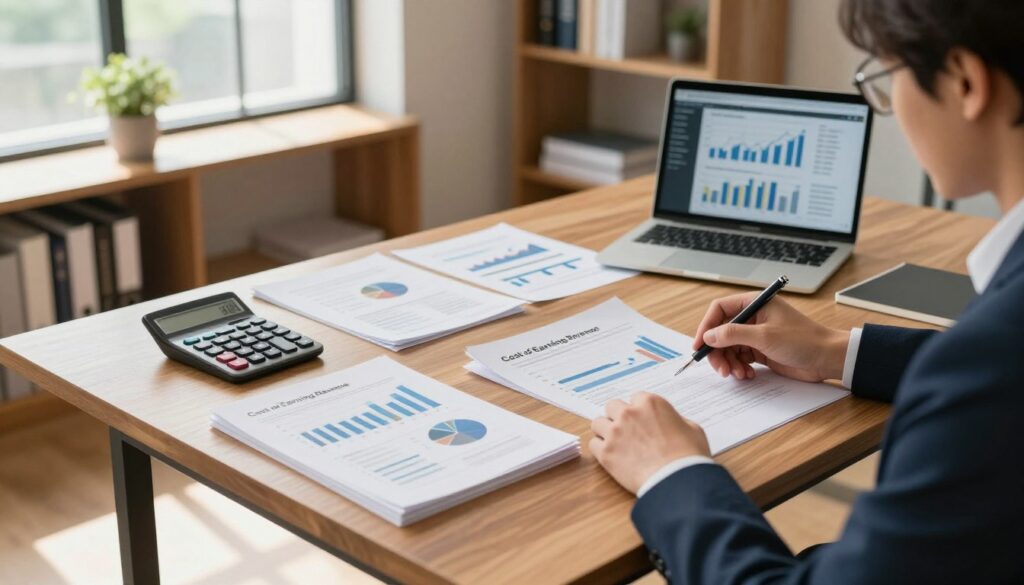 A professional office setting with a central wooden desk covered in neatly organized financial documents, calculators, and a laptop displaying graphs. In the foreground, a businessperson in smart attire is analyzing a chart titled “Cost of Earning Revenue” with focused concentration. The middle of the scene features soft natural lighting from a large window that casts gentle shadows on the floor, creating a welcoming atmosphere. In the background, bookshelves filled with financial literature and a potted plant add depth to the setting. The camera angle is slightly elevated, capturing both the desk and shelves while emphasizing the sharpness of the financial documents. The mood is serious yet hopeful, reflecting the discussion of income planning and fiscal strategy in a professional context.
