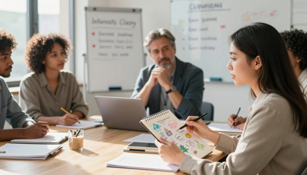 A professional office setting with a diverse group of individuals seated around a table, engaged in a discussion about hobbies and interests for a CV. In the foreground, a young woman in business attire shares her thoughts, holding a notepad with colorful sketches of hobbies like hiking, painting, and cooking. In the middle ground, a middle-aged man nods in approval while making notes on his laptop, showcasing enthusiasm. In the background, a whiteboard with creative bullet points on how to articulate interests clearly is visible. The scene is well-lit with natural sunlight pouring in from large windows, creating a warm and collaborative atmosphere, emphasizing professionalism and genuine interest in personal development. A professional office setting with a diverse group of individuals seated around a table, engaged in a discussion about hobbies and interests for a CV. In the foreground, a young woman in business attire shares her thoughts, holding a notepad with colorful sketches of hobbies like hiking, painting, and cooking. In the middle ground, a middle-aged man nods in approval while making notes on his laptop, showcasing enthusiasm. In the background, a whiteboard with creative bullet points on how to articulate interests clearly is visible. The scene is well-lit with natural sunlight pouring in from large windows, creating a warm and collaborative atmosphere, emphasizing professionalism and genuine interest in personal development.