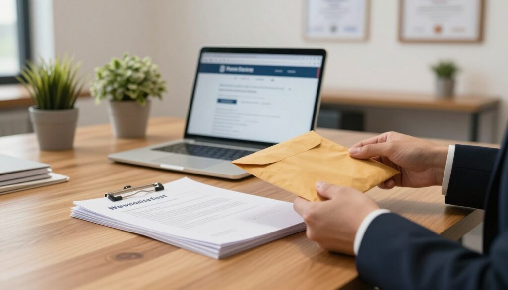 A professional office setting with a focus on a neatly arranged wooden desk in the foreground. On the desk, there is a stack of official documents, prominently featuring a work certificate, partially visible for clarity. A pair of hands, dressed in a smart business attire, gently holds an envelope ready to send. In the middle, a laptop is open, displaying a postal service website, emphasizing the action of sending the documents. The background shows a well-organized office with potted plants and framed certificates on the wall, adding a touch of professionalism. Soft, warm lighting creates a welcoming atmosphere, and the scene is captured from a slight angle to give depth, suggesting motion towards mailing the envelope.