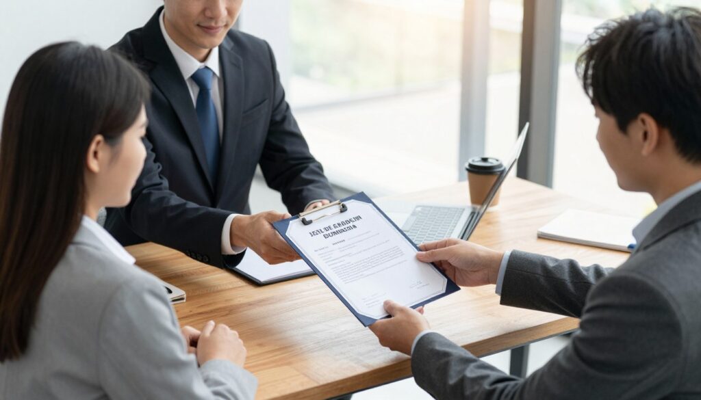 A professional office setting with a focus on an employer handing a work certificate to an employee. In the foreground, a well-dressed woman in a business suit receives a neatly arranged work certificate from a formally dressed man, both displaying expressions of professionalism and understanding. The middle ground showcases a sleek wooden desk with an open laptop, a coffee cup, and office supplies. The background features a large window letting in soft, natural light, creating a warm and inviting atmosphere. The scene is brightly lit, emphasizing a sense of trust and professionalism. Angle the shot slightly from above to capture both the exchange and surroundings, while ensuring no distractions like text or logos are present.