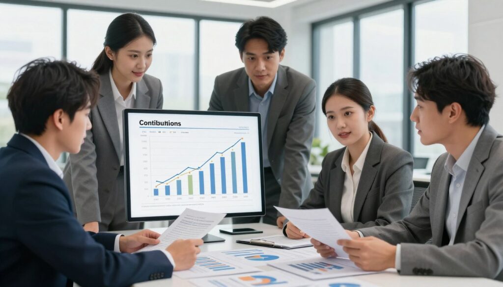A professional office setting with a focus on financial documents and charts. In the foreground, a diverse group of professionals in business attire—two men and two women—discussing and analyzing documents on a large table filled with graphs and charts related to pension contributions. The middle layer features a close-up of a detailed chart illustrating contributions since 1999, with clear numerical data and annotations. The background shows a modern office with large windows letting in natural light, creating a bright and productive atmosphere. The mood is collaborative and focused, emphasizing the importance of understanding financial contributions in relation to pensions. The lighting is soft and natural, highlighting the professionals' engaged expressions.