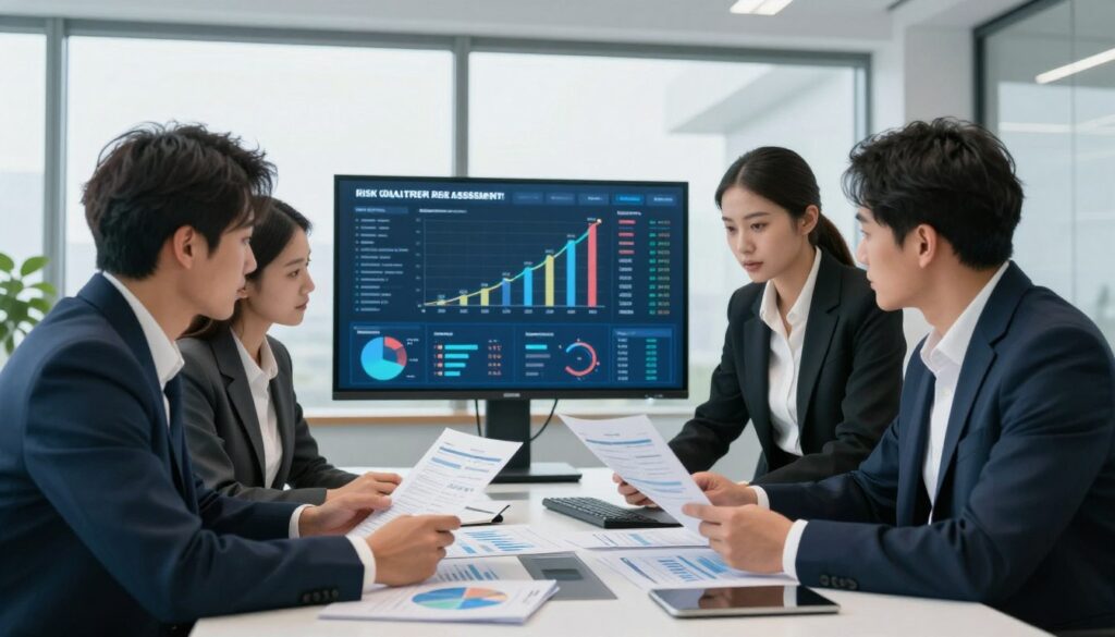 A professional office setting with a focus on risk assessment and credibility verification. In the foreground, a diverse group of three business professionals, dressed in formal suits, is gathered around a conference table, meticulously examining financial reports and digital dashboards displaying various data points. In the middle, a large screen shows a graph highlighting risk levels, while charts and diagrams are scattered across the table. The background features a modern office with large windows allowing natural light to flood the space, creating a bright and open atmosphere. The mood is focused and serious, emphasizing the importance of thorough analysis and informed decision-making. The lighting is bright and professional, accentuating the textures of the office environment.
