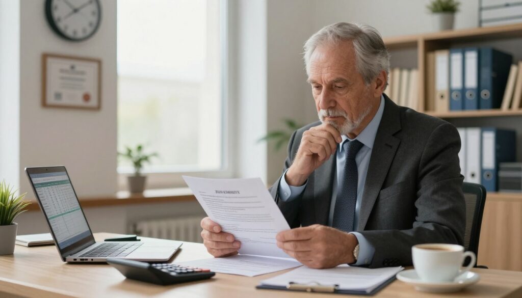 A professional office setting with an older adult man in a business suit seated at a desk, reviewing documents related to social security contributions. He has a thoughtful expression as he examines a formal letter regarding ZUS registration details. In the foreground, a neatly organized desk with a calculator, a cup of coffee, and a laptop open to a financial spreadsheet. In the middle ground, a window letting in soft, natural light that highlights a wall clock and framed certificates on the wall, symbolizing professionalism. In the background, shelves filled with financial books and binders. The overall mood should convey diligence and responsibility, with a warm and inviting color palette. The lighting is soft and professional, giving a reassuring atmosphere.