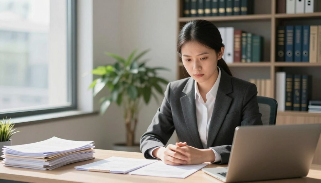 A professional person sitting at a well-organized desk in a modern office environment, wearing a smart business attire, with a focused expression reflecting determination. In the foreground, a stack of documents and a laptop are visible, suggesting a state of analysis and decision-making. In the middle ground, a large window with natural light streams in, casting soft shadows across the workspace, while a potted plant adds a touch of greenery. In the background, bookshelves filled with various legal and financial texts highlight the theme of support and procedures. The atmosphere is serious yet hopeful, reflecting the importance of navigating through bureaucratic challenges. The angle is slightly elevated, capturing both the person’s face and the workspace in a balanced composition.