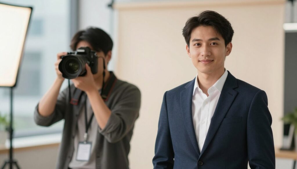 A professional photographer capturing a subject for a CV photo shoot. In the foreground, a well-dressed individual in a smart blazer and crisp shirt stands confidently against a softly blurred urban backdrop. The photographer, positioned at a slight angle, is focused on the subject, using a high-quality DSLR camera with a prime lens to achieve a shallow depth of field. Natural soft lighting illuminates the scene, creating a warm, inviting atmosphere. The middle ground features hints of a modern studio setting, with professional lighting equipment subtly integrated. In the background, a light gradient showcases an abstract yet neutral tone that enhances the focus on the subject without distraction. The overall mood conveys professionalism and approachability, ideal for a CV photograph.