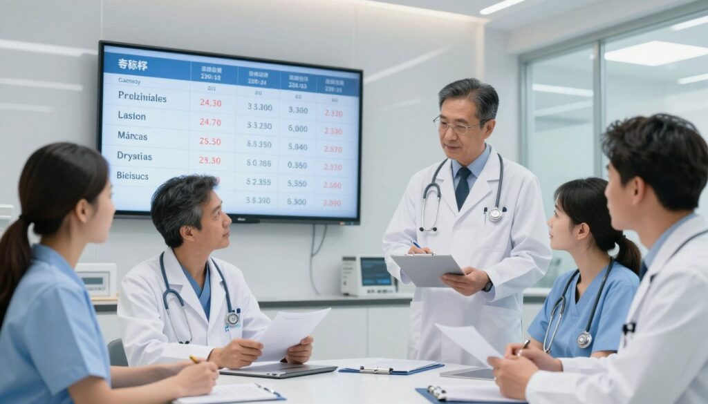 A professional physician in a bright, modern clinic, reviewing medical charts and salary statistics. In the foreground, a diverse group of doctors in professional attire, engaged in a discussion, highlighting their different specializations. The middle section features a large digital display showcasing various medical specialties with corresponding salary ranges, like cardiology, pediatrics, and orthopedics. In the background, the sleek interior of the clinic is illuminated with soft, natural lighting, enhancing the focus on the doctors and their work. A sense of collaboration and professionalism pervades the scene, inspiring trust and confidence in the healthcare environment. The perspective is slightly angled to create depth, capturing the dynamic atmosphere of medical professionals sharing insights. A professional physician in a bright, modern clinic, reviewing medical charts and salary statistics. In the foreground, a diverse group of doctors in professional attire, engaged in a discussion, highlighting their different specializations. The middle section features a large digital display showcasing various medical specialties with corresponding salary ranges, like cardiology, pediatrics, and orthopedics. In the background, the sleek interior of the clinic is illuminated with soft, natural lighting, enhancing the focus on the doctors and their work. A sense of collaboration and professionalism pervades the scene, inspiring trust and confidence in the healthcare environment. The perspective is slightly angled to create depth, capturing the dynamic atmosphere of medical professionals sharing insights.