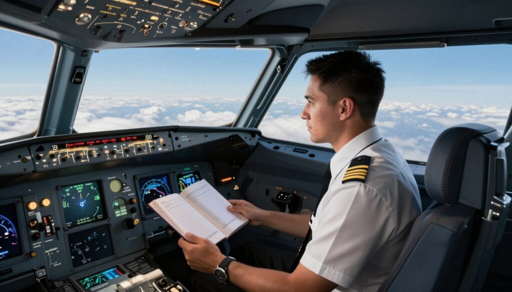 A professional pilot inside the cockpit of a modern aircraft, concentrating on flying instruments, with a flight logbook open nearby. The foreground showcases detailed cockpit controls, with soft, realistic lighting illuminating the instruments and pilot. In the middle, the pilot, dressed in a crisp uniform, has an expression of focus and determination. The background features a panoramic view of clouds and blue skies outside the window, conveying a sense of altitude and flight. The mood is serious yet inspiring, symbolizing the connection between flying hours and salary progression. Capture the essence of professionalism in aviation while ensuring safety and compliance standards are met. A professional pilot inside the cockpit of a modern aircraft, concentrating on flying instruments, with a flight logbook open nearby. The foreground showcases detailed cockpit controls, with soft, realistic lighting illuminating the instruments and pilot. In the middle, the pilot, dressed in a crisp uniform, has an expression of focus and determination. The background features a panoramic view of clouds and blue skies outside the window, conveying a sense of altitude and flight. The mood is serious yet inspiring, symbolizing the connection between flying hours and salary progression. Capture the essence of professionalism in aviation while ensuring safety and compliance standards are met.