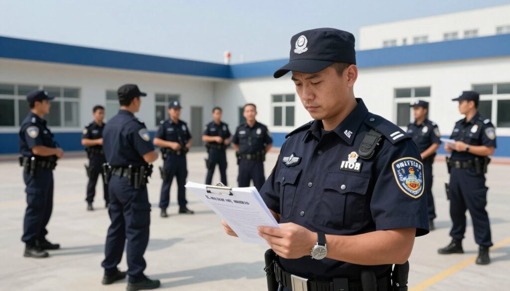 A professional police officer in a crisp, dark blue uniform stands confidently in the foreground, examining a notepad filled with notes on skills required for criminal investigators. In the middle ground, a diverse group of officers engage in a training exercise, showcasing teamwork and communication skills, conveying a sense of collaboration. The background features a modern police training facility, with an open space and training equipment, set against a clear blue sky. Soft, natural lighting highlights the officers' focused expressions and the intricate details of their uniforms. The atmosphere is serious yet motivational, capturing the dedication needed to become a criminal investigator, as they prepare to serve and protect the community.