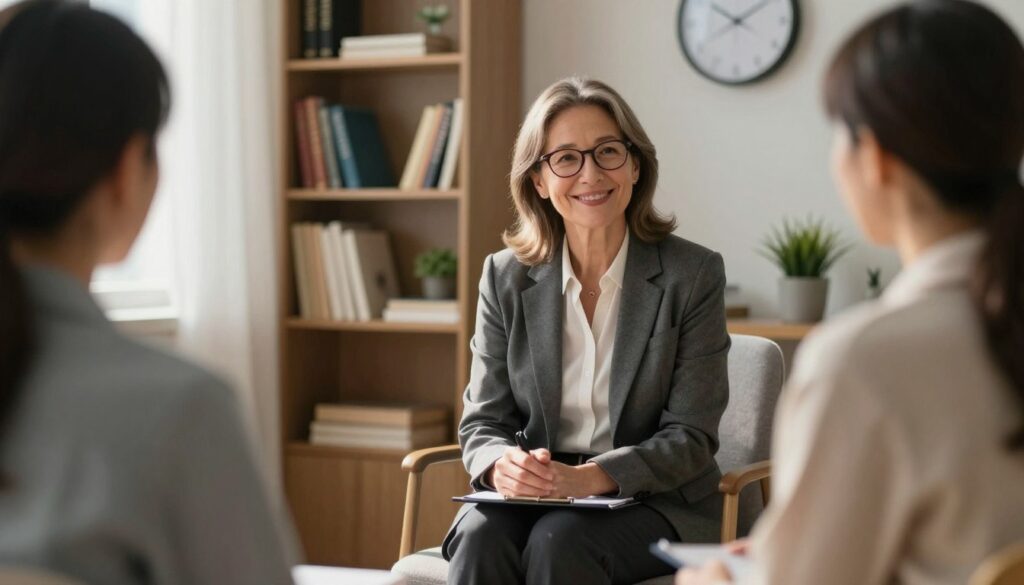 A professional psychiatrist sitting in a cozy, well-lit office, surrounded by bookshelves filled with psychology and psychiatry literature. The psychiatrist, a middle-aged female, wears smart business attire, with glasses perched on her nose, and has a warm, reassuring smile. She is seated in a comfortable chair, engaged in a thoughtful discussion with a client, who is subtly out of focus in the foreground. Soft sunlight filters through a window, creating a calm and inviting atmosphere. In the background, various mental health tools, such as a clock and potted plants, enhance the professional setting. The composition is framed with a slight blur effect, drawing focus to the psychiatrist's empathetic expression and the serene environment, evoking a sense of trust and professionalism in mental health care.