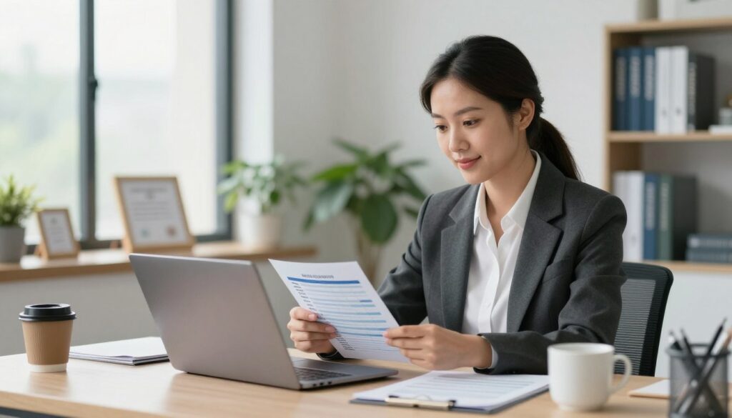 A professional psychologist in a modern office setting, wearing smart business attire, is analyzing salary charts on a laptop. The foreground features a desk with a laptop, papers, and a coffee mug, conveying a busy yet organized workspace. In the middle ground, there are supportive elements like framed certificates, plants, and a bookshelf filled with psychology books. The background displays large windows allowing soft, natural light to illuminate the room, creating a bright and optimistic atmosphere. The mood is professional yet approachable, reflecting both the seriousness of the field and the warmth of human connection. The image should emphasize the theme of public sector psychology salaries without any text or watermarks.