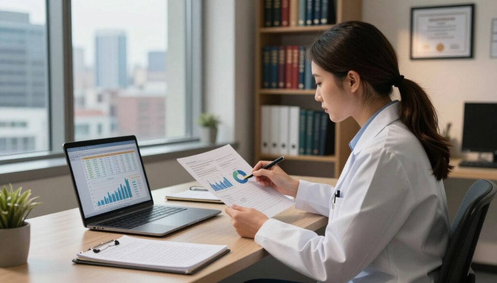 A professional psychologist sitting at a modern office desk, analyzing charts and graphs illustrating various factors affecting their earnings. The foreground features a detailed laptop displaying statistical data, alongside a neatly organized notepad filled with notes. In the middle ground, a large window offers a view of a bustling cityscape, symbolizing the urban environment where many psychologists work. The background includes shelves filled with psychology books and a certificate on the wall, emphasizing professionalism. The lighting is warm and inviting, casting soft shadows, while the angle captures the depth of the office space. The mood is one of focus and determination, reflecting the complexities of the psychology profession and its financial nuances.