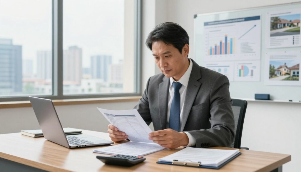 A professional real estate appraiser evaluating a property in an office setting. In the foreground, a focused individual, a middle-aged man in a tailored suit, reviewing a detailed valuation report on a sleek wooden desk with a laptop open beside it. In the middle, a large window shows a scenic cityscape, emphasizing the importance of location in property valuation. A wall-mounted whiteboard features graphs and charts related to real estate market trends. The lighting is bright and natural, streaming in from the window, creating an optimistic and diligent atmosphere. The angle is slightly tilted to capture both the appraiser's serious expression and the dynamic workspace filled with documents, calculators, and property images. A professional real estate appraiser evaluating a property in an office setting. In the foreground, a focused individual, a middle-aged man in a tailored suit, reviewing a detailed valuation report on a sleek wooden desk with a laptop open beside it. In the middle, a large window shows a scenic cityscape, emphasizing the importance of location in property valuation. A wall-mounted whiteboard features graphs and charts related to real estate market trends. The lighting is bright and natural, streaming in from the window, creating an optimistic and diligent atmosphere. The angle is slightly tilted to capture both the appraiser's serious expression and the dynamic workspace filled with documents, calculators, and property images.