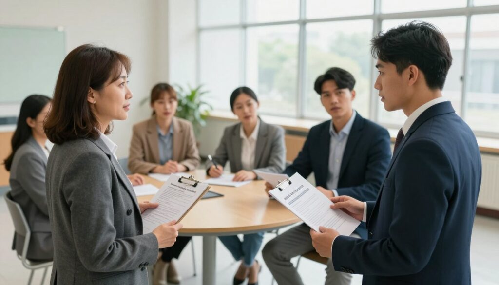 A professional scene depicting a diverse group of candidates gathered in a bright, modern municipal building, discussing their potential roles as lay judges. In the foreground, a middle-aged woman in business attire is holding a clipboard, engaging with two men in suits who are reading informational brochures about the lay judge selection process. In the middle ground, another group can be seen sitting at a round table with documents spread out, deep in discussion. The background features large windows allowing natural light to flood the room, with a neutral color palette creating a welcoming atmosphere. This image should convey a sense of civic duty and community engagement, with an emphasis on professionalism and collaboration.