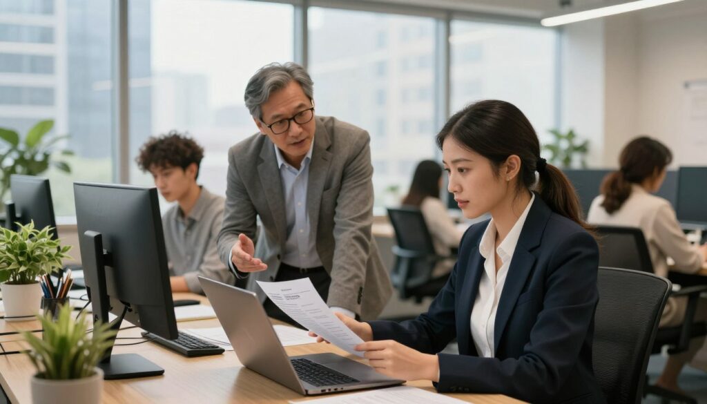 A professional scene depicting a diverse group of individuals engaged in various industries, positioned in an office environment. In the foreground, a young woman in a smart business suit reviews her resume on a laptop, showing focused determination. Beside her, a middle-aged man in a blazer gestures as he discusses career strategies with a younger colleague in casual professional attire. The middle ground includes a modern workspace, featuring desks with computers, plants, and organized documents. In the background, large windows allow natural light to flood the room, highlighting a cityscape. The atmosphere is collaborative and inspiring, emphasizing professionalism and growth. Use soft, warm lighting to create an inviting mood, with a slightly blurred depth of field to keep focus on the individuals.