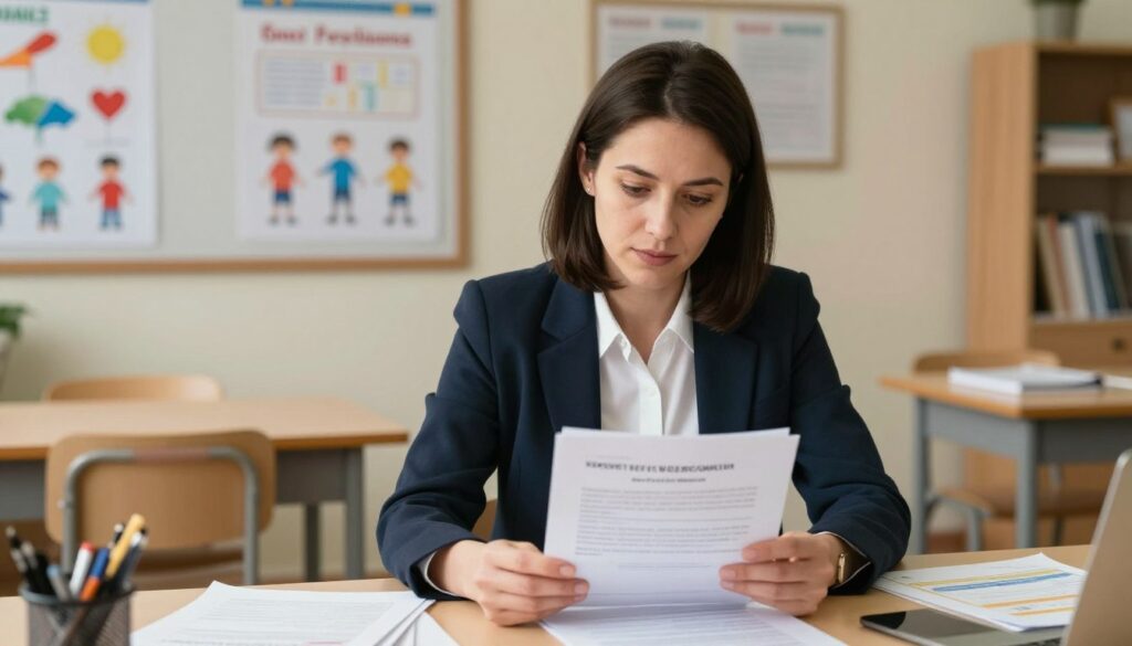 A professional school psychologist in Poland, dressed in smart casual attire, sits at a desk cluttered with papers and educational materials. She is mid-30s, with shoulder-length dark hair and a thoughtful expression, reviewing a report on student wellbeing. In the background, a cozy classroom environment is visible, with charts on the walls detailing psychological concepts and student performance metrics. Soft, warm lighting fills the room, creating an inviting atmosphere. The angle is slightly above eye level, focusing on the psychologist, emphasizing her role. The mood conveys professionalism, empathy, and diligence, reflecting the dedication of school psychologists to student success and mental health.