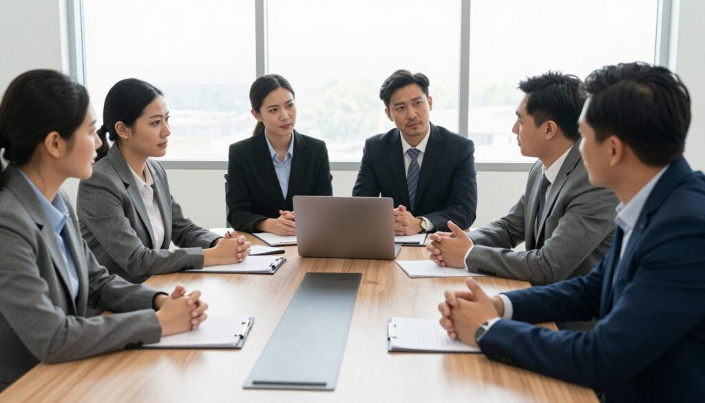 A professional setting depicting a conciliation commission meeting with a focus on labor courts. In the foreground, a diverse group of business professionals, men and women, dressed in business attire, are engaged in an animated discussion around a large conference table. The middle ground features legal documents and a laptop, symbolizing the gravity of their discussion. In the background, large windows allow natural light to flood the room, creating a warm and collaborative atmosphere. The mood is serious yet constructive, emphasizing teamwork in conflict resolution regarding labor rights. The angle captures the dynamics of the conversation while highlighting the professionalism of the setting.