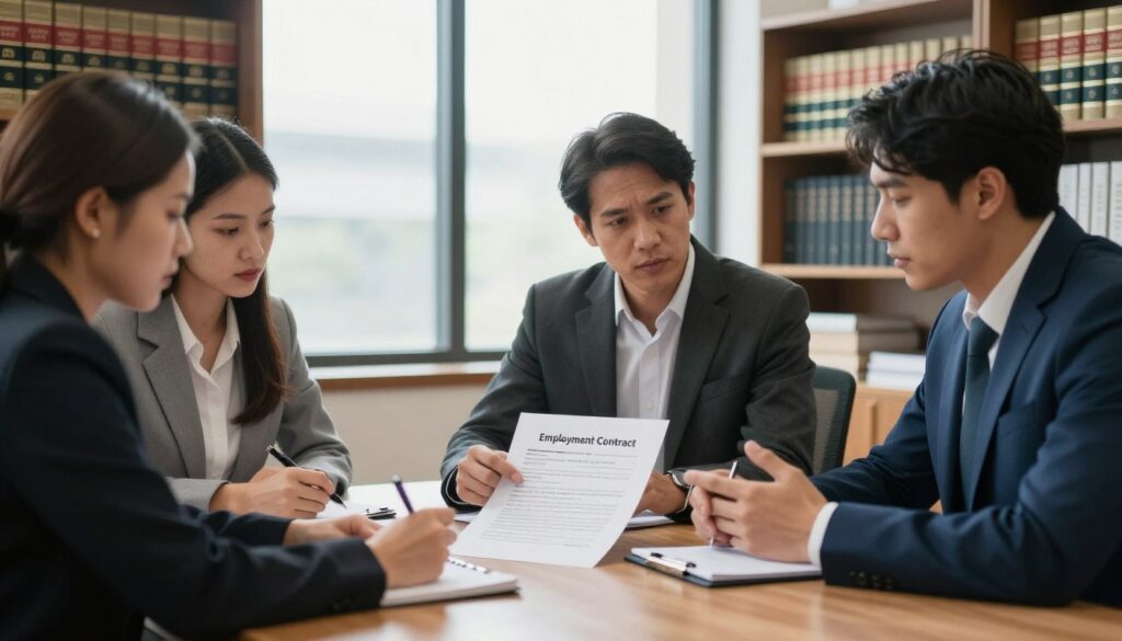 A professional setting depicting a diverse group of people engaged in a discussion around employment contracts. In the foreground, three individuals in business attire are looking at a large document labeled "Employment Contract" spread across a wooden conference table. One person is pointing at specific clauses, while another is taking notes. The middle ground features a large window allowing soft, natural light to illuminate the scene, enhancing the atmosphere of collaboration and seriousness. In the background, bookshelves filled with legal texts and employment resources indicate a scholarly environment. The overall mood is professional and informative, with a balanced composition emphasizing teamwork and the importance of understanding employment agreements in relation to work tenure and retirement benefits.
