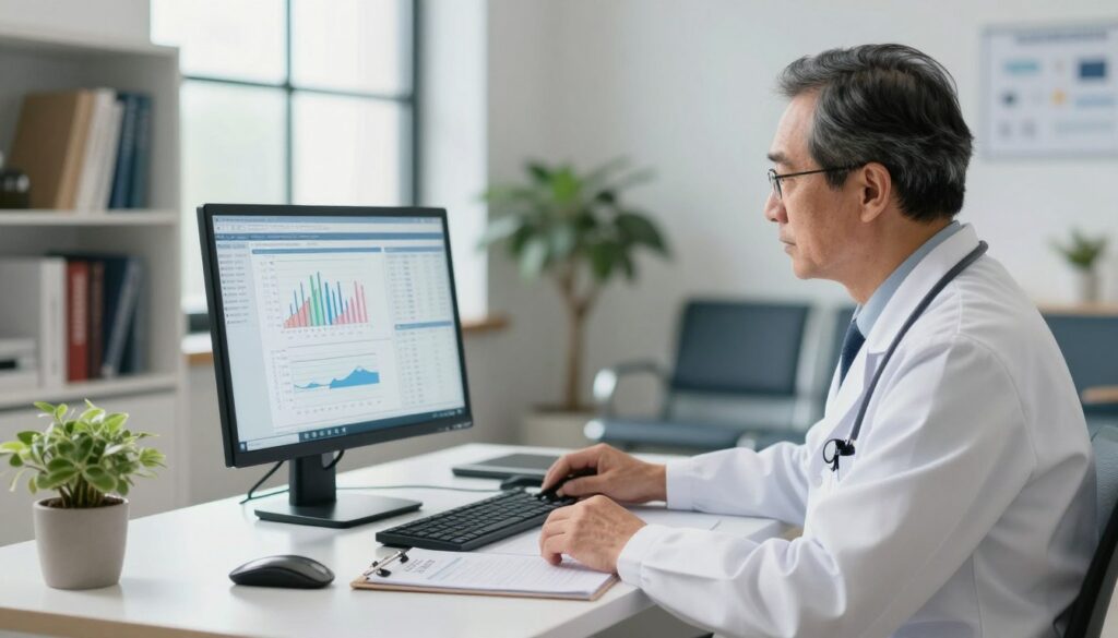 A professional setting depicting a doctor reviewing medical test results on a computer screen. In the foreground, a focused, middle-aged physician in a white coat is seated at a modern desk with medical paperwork and a laptop displaying graphs and data related to health outcomes. The middle ground features shelves filled with medical books, a potted plant, and a window allowing soft, natural light to illuminate the room. In the background, a subtle blur of a waiting area can be seen, suggesting a hospital or clinic environment. The atmosphere is calm and serious, reinforcing the importance of medical confidentiality and data access. The overall composition showcases professionalism, integrity, and the abstract concept of data accessibility without including any identifiable patient information. A professional setting depicting a doctor reviewing medical test results on a computer screen. In the foreground, a focused, middle-aged physician in a white coat is seated at a modern desk with medical paperwork and a laptop displaying graphs and data related to health outcomes. The middle ground features shelves filled with medical books, a potted plant, and a window allowing soft, natural light to illuminate the room. In the background, a subtle blur of a waiting area can be seen, suggesting a hospital or clinic environment. The atmosphere is calm and serious, reinforcing the importance of medical confidentiality and data access. The overall composition showcases professionalism, integrity, and the abstract concept of data accessibility without including any identifiable patient information.