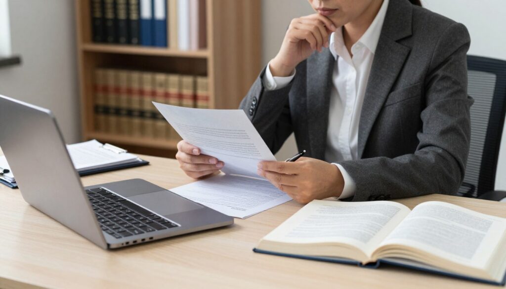 A professional setting depicting a forensic psychologist in their office, surrounded by various psychological assessment tools. In the foreground, a neatly organized desk with a laptop, legal documents, and a psychology textbook open to relevant pages. The psychologist, a middle-aged individual dressed in a smart business suit, sits thoughtfully at the desk, pen in hand, analyzing documents. In the background, a bookshelf filled with psychology texts and legal reference materials. Soft, warm lighting illuminates the room, creating a studious yet inviting atmosphere. The angle is slightly tilted to capture the depth of the office space, emphasizing the blend of psychology and law. Overall, the image reflects a serious and professional mood, conveying the complexities of the forensic psychologist's work environment.