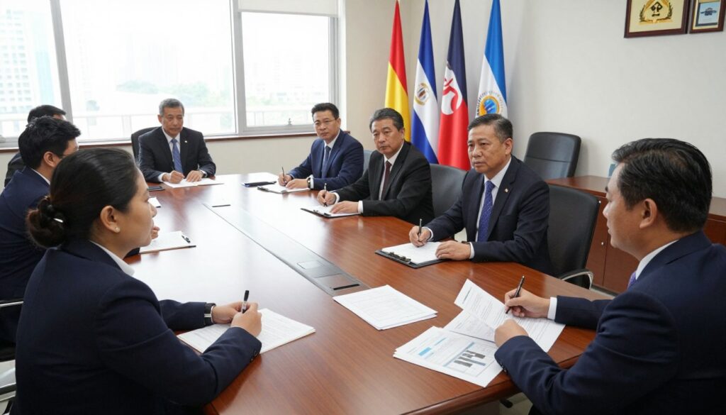A professional setting depicting a meeting room where local government officials are discussing municipal matters. In the foreground, two politically engaged individuals, one man and one woman, dressed in business attire, are seated at a large conference table covered with documents and charts. In the middle background, there are other officials in attendance, observing and taking notes, all maintaining a serious and focused demeanor. The room is decorated with flags and awards, showcasing its importance. The lighting is bright and natural, coming from large windows that let in daylight, creating a welcoming atmosphere. A view of the cityscape is slightly visible through the windows, emphasizing the local governance theme. Shot from a slightly elevated angle to provide depth and context. A professional setting depicting a meeting room where local government officials are discussing municipal matters. In the foreground, two politically engaged individuals, one man and one woman, dressed in business attire, are seated at a large conference table covered with documents and charts. In the middle background, there are other officials in attendance, observing and taking notes, all maintaining a serious and focused demeanor. The room is decorated with flags and awards, showcasing its importance. The lighting is bright and natural, coming from large windows that let in daylight, creating a welcoming atmosphere. A view of the cityscape is slightly visible through the windows, emphasizing the local governance theme. Shot from a slightly elevated angle to provide depth and context.