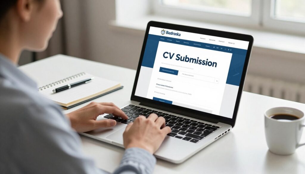 A professional setting depicting a person, dressed in business attire, sitting at a modern desk with a laptop open in front of them. The individual appears focused as they navigate a job application website, specifically tailored for Biedronka. In the foreground, a close-up of the laptop screen shows a user-friendly interface with the words "CV Submission" prominently displayed. The middle layer features an organized workspace with a notepad, pen, and a cup of coffee, conveying an atmosphere of productivity. The background includes a well-lit room with soft, natural light streaming through a window, illuminating the scene and creating a warm, inviting mood. The overall effect should be one of professionalism and approachability, ideal for illustrating the process of submitting a CV online.