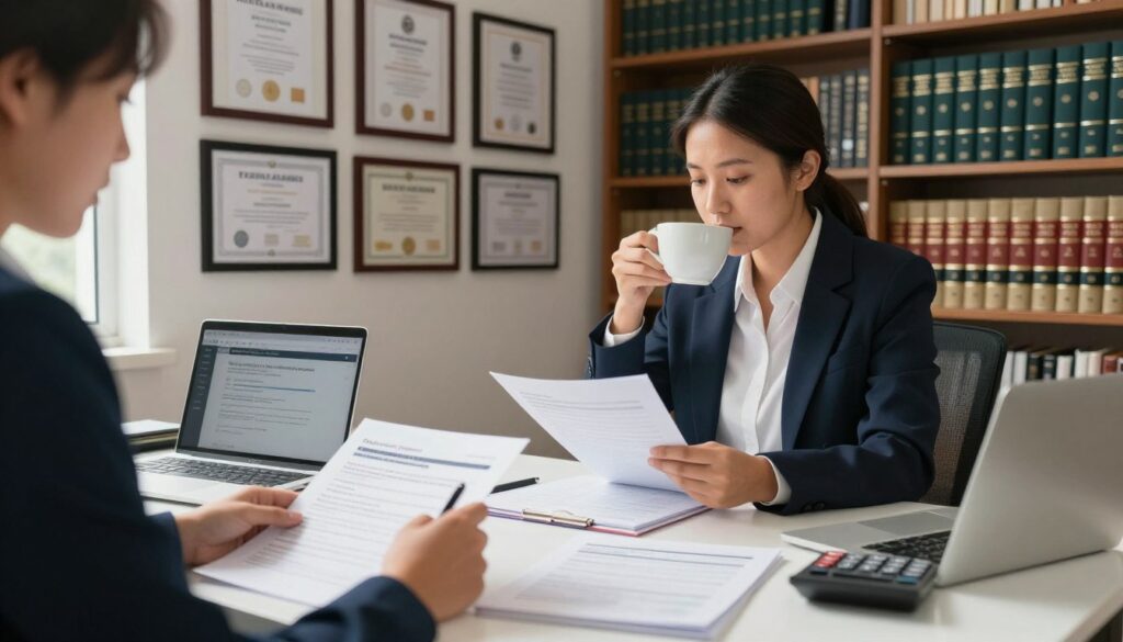 A professional setting depicting a tax advisor exam preparation scene. In the foreground, a neatly organized desk holds various documents including an exam application form, a calculator, and a laptop open to a tax-related study website. A person in professional business attire, looking focused, is reviewing notes while sipping coffee. In the middle, a wall filled with framed certificates and diplomas related to tax advisory hangs, adding credibility to the space. The background features bookshelves filled with tax law books and journals, adding context to the profession. The lighting is soft, with natural sunlight streaming through a window, creating a warm and inviting atmosphere that encourages study and concentration. The overall mood is serious, yet inspiring, reflecting ambition and professionalism.