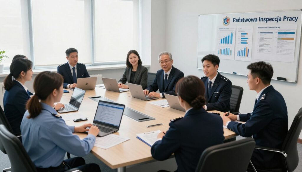 A professional setting depicting the "Państwowa Inspekcja Pracy" office, focusing on a modern conference room. In the foreground, a diverse group of inspectors, dressed in professional business attire, is seated around a large table, engaged in a discussion about labor law enforcement. The middle ground showcases documents, laptops, and a whiteboard with charts and statistics regarding labor inspections. The background features large windows letting in natural light, illuminating the space and creating a hopeful atmosphere. Capture a wide-angle perspective to emphasize the collaborative environment, while maintaining a professional and serious mood. Use soft, diffused lighting to enhance the professionalism of the setting. No text or watermarks should be present in the image.
