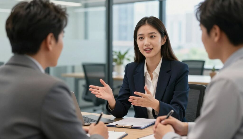 A professional setting during a job interview with two individuals engaged in a conversation. In the foreground, a young woman in smart business attire, confidently discussing her hobbies, showcasing enthusiasm. Across from her, a middle-aged man, also in professional attire, attentively listening and taking notes. The background features a modern office environment with a glass window revealing a cityscape, suggesting a vibrant work culture. Soft, natural lighting illuminates the scene, creating a warm and inviting atmosphere, while the camera angle is slightly tilted to capture the dynamic exchange between the candidates. The overall mood is professional yet friendly, capturing the essence of a productive interview discussion. A professional setting during a job interview with two individuals engaged in a conversation. In the foreground, a young woman in smart business attire, confidently discussing her hobbies, showcasing enthusiasm. Across from her, a middle-aged man, also in professional attire, attentively listening and taking notes. The background features a modern office environment with a glass window revealing a cityscape, suggesting a vibrant work culture. Soft, natural lighting illuminates the scene, creating a warm and inviting atmosphere, while the camera angle is slightly tilted to capture the dynamic exchange between the candidates. The overall mood is professional yet friendly, capturing the essence of a productive interview discussion.