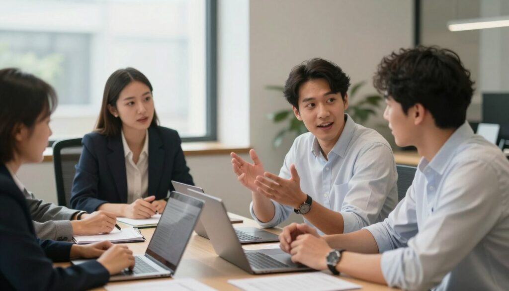 A professional setting featuring a diverse group of people engaged in a lively discussion around a table, emphasizing teamwork. In the foreground, two individuals, a woman in a smart business suit and a man in a crisp, casual shirt, are sharing insights; their expressions show enthusiasm and engagement. The middle space includes open laptops and documents scattered on the table, symbolizing collaborative efforts and shared knowledge. In the background, a large window lets in soft, natural light that enhances the atmosphere of camaraderie and openness. The setting is a contemporary office with minimalist decor, creating a professional yet inviting mood. The image should highlight the importance of communication and differing opinions in a constructive manner, with warm lighting to evoke a sense of positivity and teamwork.