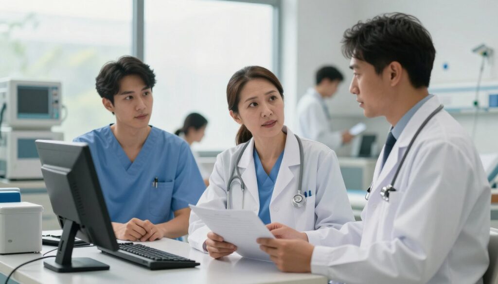 A professional setting featuring a group of diverse doctors in a hospital environment, engaged in a discussion about salaries. In the foreground, a middle-aged female doctor in a white coat is examining a chart, while a young male doctor in scrubs listens attentively. The middle ground showcases medical equipment and a large window letting in soft, natural light, creating a warm atmosphere. In the background, there are hospital rooms and staff working, emphasizing a lively hospital setting. The lighting is bright but soft, highlighting the professionalism and dedication of the medical staff. The scene should convey a serious yet optimistic mood, reflecting the importance of fair compensation in healthcare.