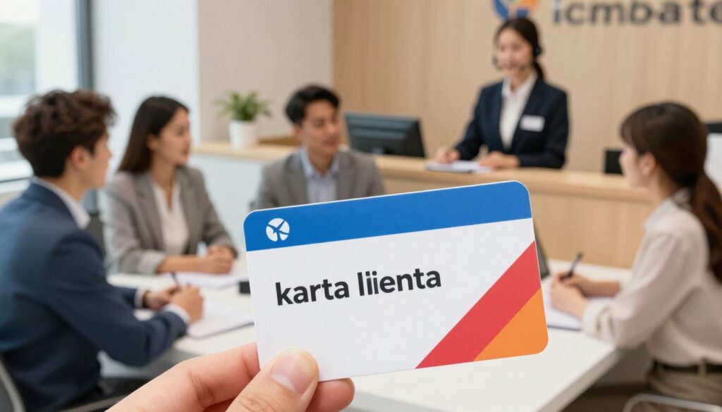 A professional setting featuring a "karta klienta" (customer card) prominently displayed in the foreground, showcasing its design details such as vibrant colors and a clear logo. In the middle ground, a diverse group of customers in business attire are engaged in a discussion at a reception desk, symbolizing the registration process. In the background, a well-organized reception area with a friendly Customer Service representative helping clients, offering a welcoming atmosphere. Soft, natural lighting enhances the professionalism of the scene, while a slight depth of field draws focus to the customer card as the central element. The mood is efficient and inviting, reflecting a smooth registration experience in a business context.