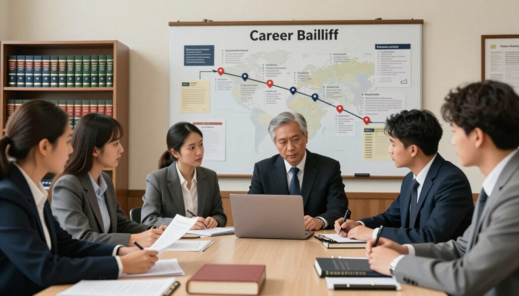 A professional setting illustrating the career path of becoming a bailiff. In the foreground, a diverse group of individuals in professional business attire, engaging in discussion and studying documents on a large table filled with legal books and a laptop. In the middle, a detailed wall map highlighting key milestones in a career, marked with pins and notes, showcasing the step-by-step journey to becoming a bailiff. In the background, a wheeled bookshelf filled with legal texts and certificates on the wall, creating an academic atmosphere. Soft, warm lighting adds to the professionalism, with a subtle focus on the individuals and the map, framed to draw attention to their collaboration and the career pathway being depicted. A professional setting illustrating the career path of becoming a bailiff. In the foreground, a diverse group of individuals in professional business attire, engaging in discussion and studying documents on a large table filled with legal books and a laptop. In the middle, a detailed wall map highlighting key milestones in a career, marked with pins and notes, showcasing the step-by-step journey to becoming a bailiff. In the background, a wheeled bookshelf filled with legal texts and certificates on the wall, creating an academic atmosphere. Soft, warm lighting adds to the professionalism, with a subtle focus on the individuals and the map, framed to draw attention to their collaboration and the career pathway being depicted.