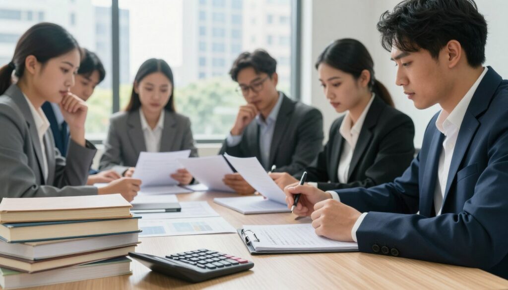 A professional setting illustrating the financial aspect of post-graduate studies. In the foreground, a calculator, piles of textbooks, and a notepad with financial calculations. In the middle ground, a diverse group of professionals dressed in business attire, seated around a table, analyzing study costs. They appear engaged and thoughtful, with expressions reflecting determination and focus. In the background, a large window shows a sunny cityscape, suggesting opportunities beyond education. Soft, natural lighting enhances the atmosphere, creating a feeling of hope and ambition. The composition captures the essence of investment in education, portraying it as a valuable step towards career advancement.