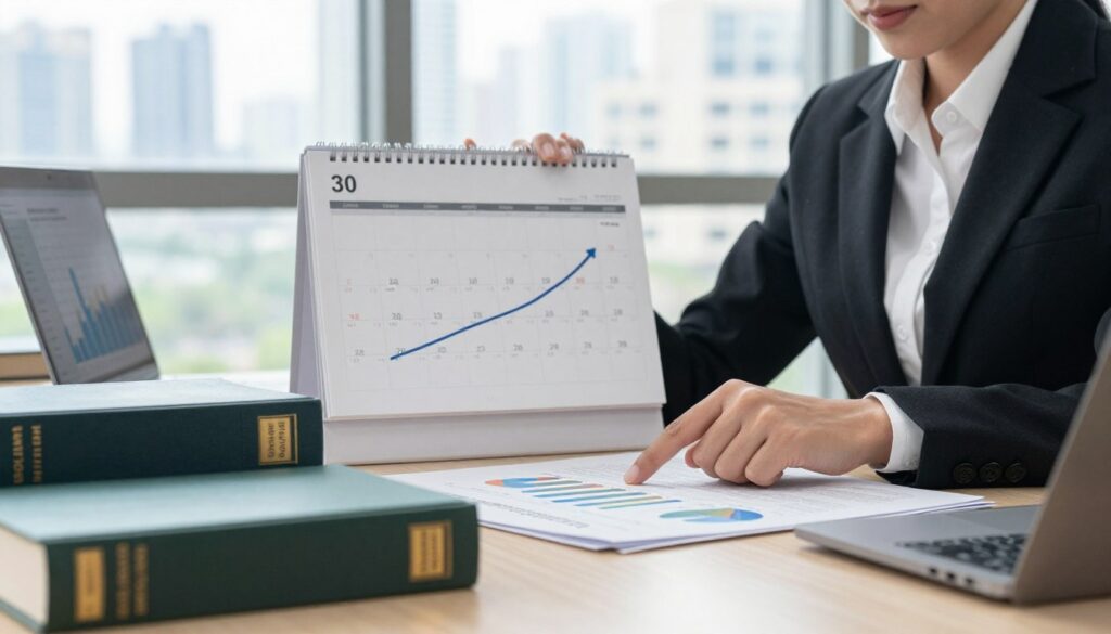 A professional setting in an office focused on career progression, showcasing a determined person dressed in smart business attire, reviewing documents on a desk filled with legal books and a laptop displaying charts of salary growth over time. In the foreground, a close-up of a hand pointing at a growth graph, symbolizing work experience and salary increases every five years. In the middle, a large calendar highlighting incremental career milestones. In the background, a large window revealing a cityscape, with soft natural light flooding the room, creating a motivational atmosphere. The overall mood should be one of ambition and professionalism, emphasizing the theme of career advancement in the judicial field.