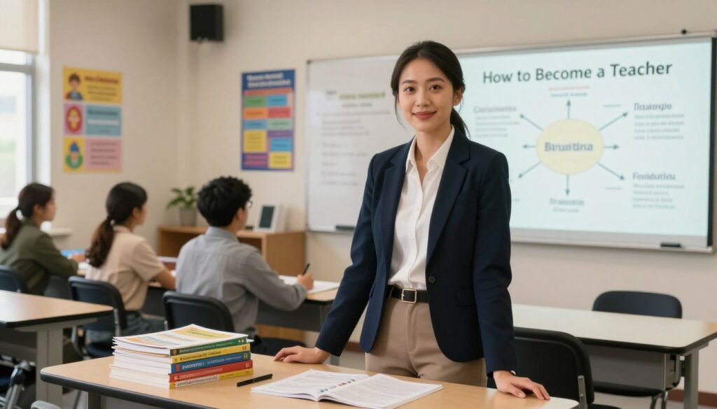 A professional setting inside a well-lit classroom, foreground features a confident individual dressed in smart casual attire, standing at a desk with a stack of educational materials and books. The middle ground showcases an organized classroom environment, with posters on the walls illustrating teaching techniques and learning strategies. In the background, a whiteboard displays a mind map titled "How to Become a Teacher" filled with keywords. The lighting is warm and inviting, creating a motivated and focused atmosphere. The angle is slightly elevated to capture the full essence of the room and its purpose. Overall, the mood conveys professionalism, enthusiasm for teaching, and a supportive learning environment, inspiring viewers to explore their potential as educators. A professional setting inside a well-lit classroom, foreground features a confident individual dressed in smart casual attire, standing at a desk with a stack of educational materials and books. The middle ground showcases an organized classroom environment, with posters on the walls illustrating teaching techniques and learning strategies. In the background, a whiteboard displays a mind map titled "How to Become a Teacher" filled with keywords. The lighting is warm and inviting, creating a motivated and focused atmosphere. The angle is slightly elevated to capture the full essence of the room and its purpose. Overall, the mood conveys professionalism, enthusiasm for teaching, and a supportive learning environment, inspiring viewers to explore their potential as educators.