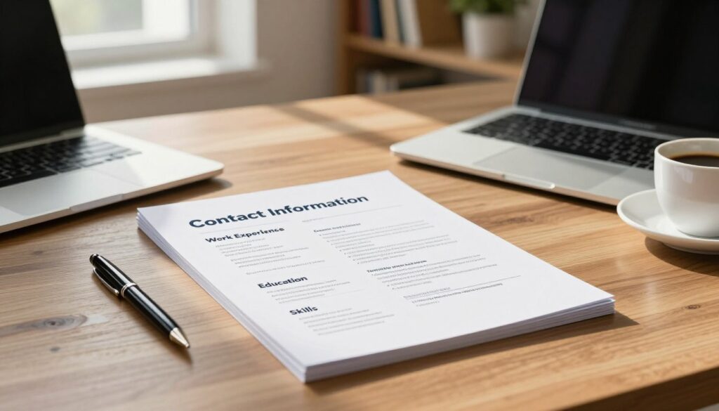 A professional setting showcasing a well-structured CV on an elegant wooden desk. In the foreground, focus on a neatly designed, open CV document featuring distinct sections like "Contact Information," "Work Experience," "Education," and "Skills," all impeccably organized. Surround the CV with office essentials such as a laptop, a sleek pen, and a cup of coffee, emphasizing a productive atmosphere. In the middle ground, soft natural light streams through a nearby window, casting gentle shadows that enhance the image's warmth. The background reveals blurred shelves filled with books and plants, adding a touch of sophistication. The overall mood is calm and professional, embodying the essence of an ideal job application document.